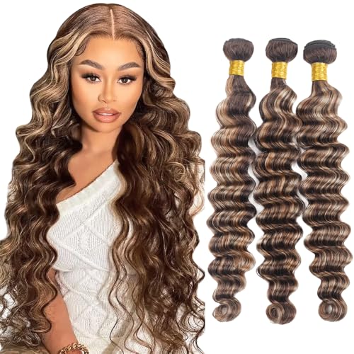 Fridnae Hair 24-28 Inch P4/613 Ombre Deep Wave Human Hair Bundles - Brazilian Unprocessed Virgin Hair, Two Tone Brown & Blonde Mix, Highlight Deep Wave