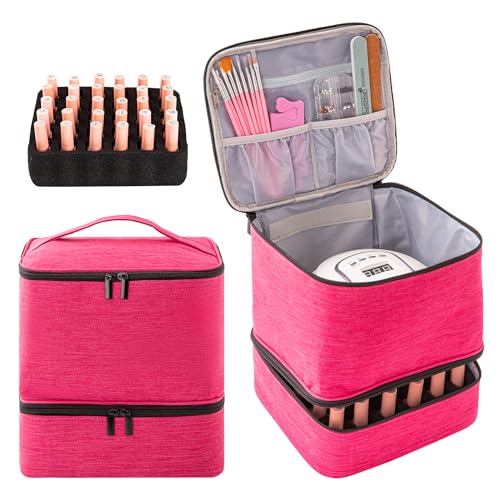 AGX Bravo Nail Polish Carrying Case with UV LED Nail Lamp Compartment - Holds 30 Bottles, Double-layer Nail Light Storage Bag for Nail Dryer, Rose-Pink (BAG ONLY)