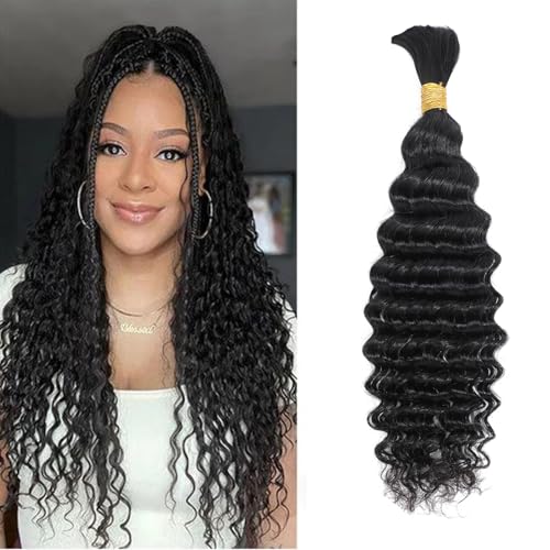 16 Inch Deep Wave Bulk Human Hair Weft 50g (1Bundles/Pack) Human Braiding Hair for Braiding No Weft Bundle 10A Brazilian Virgin Curly Human Hair Extensions for Boho Braids Wet and Wavy Human Hair