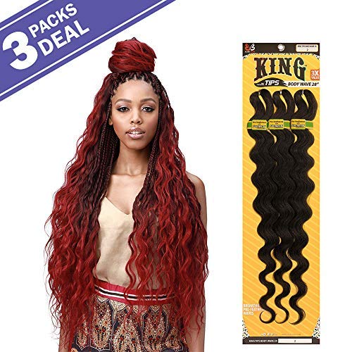 MULTI PACK DEALS! Bobbi Boss Synthetic Hair Braids Pre-Feathered 3X King Tips Body Wave 28" (3-PACK, T1B/BUG)