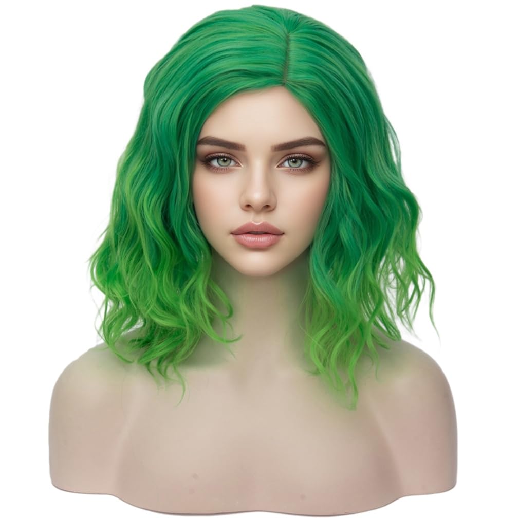 WTHCOS Green Wigs Short Curly Wavy Wig Green Bob Wig for Women Girls 14 Inches Natural Looking Synthetic Wigs for Cosplay Halloween Costume Party with Wig Cap