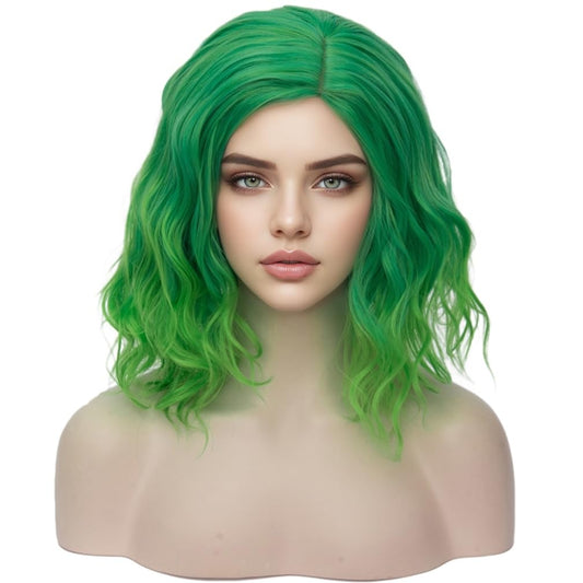 WTHCOS Green Wigs Short Curly Wavy Wig Green Bob Wig for Women Girls 14 Inches Natural Looking Synthetic Wigs for Cosplay Halloween Costume Party with Wig Cap