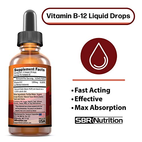 Vitamin B12 Sublingual Liquid Drops - Methylcobalamin, VIT B 12 Supports Energy, Max Absorption, 3000mcg Per Serving, 60 Servings, Non-GMO, Vegan Friendly, Manufactured in The USA