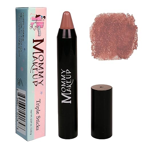 Mommy Makeup Triple Sticks Lipstick, Cream Blush & Teatment All-In-One with Shea & Cocoa Butter - Soft & Creamy Moisturizing Lip Crayon For Lips & Cheeks (Bare Babe)