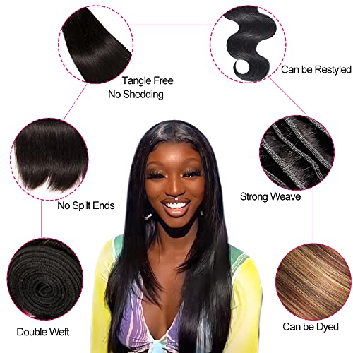 QinMei Brazilian Virgin Hair Straight 1 Bundle 100% Unprocessed Brazilian Straight Human Hair Weave Bundles Weaving Natural Black Color(16Inch，1Bundle）