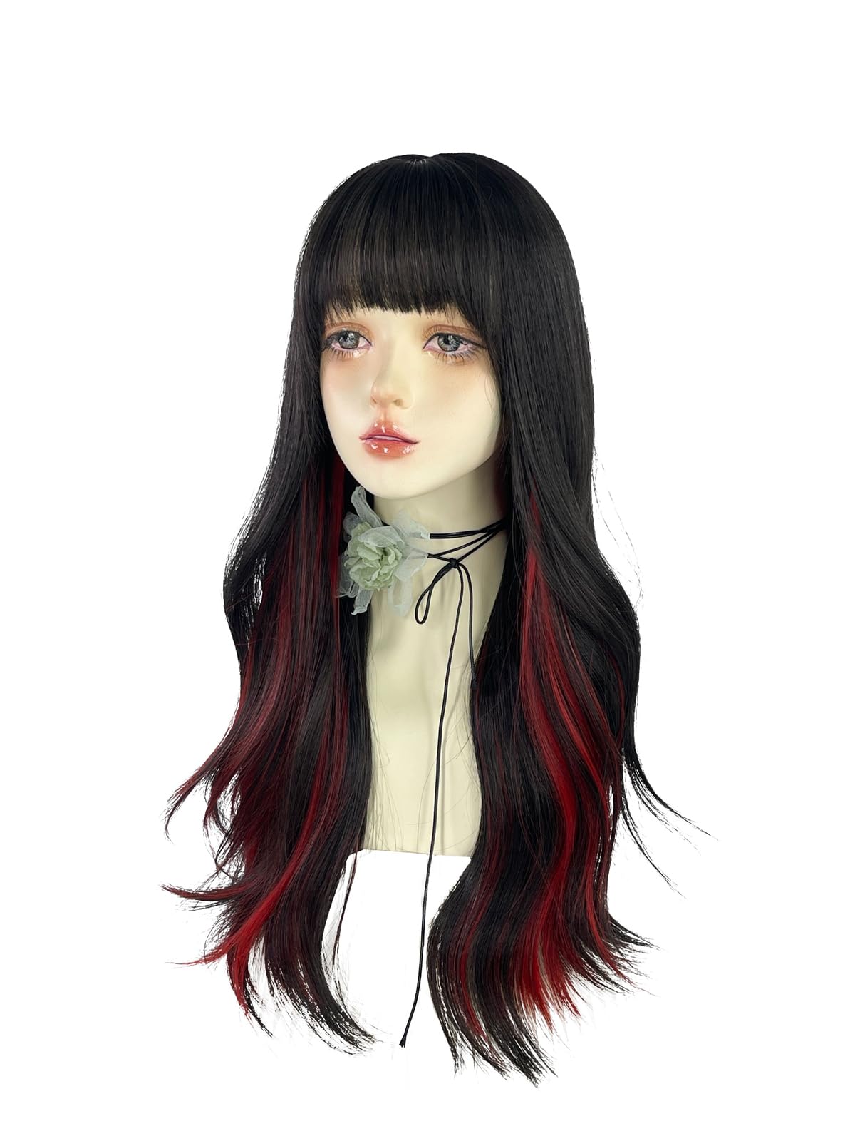 WKLOUYHE Long Wavy Wig for Women Synthetic Curly Wig with Bangs Fibre Cosplay Wig for Girls Daily Use Colorful Wigs (Black+Red)
