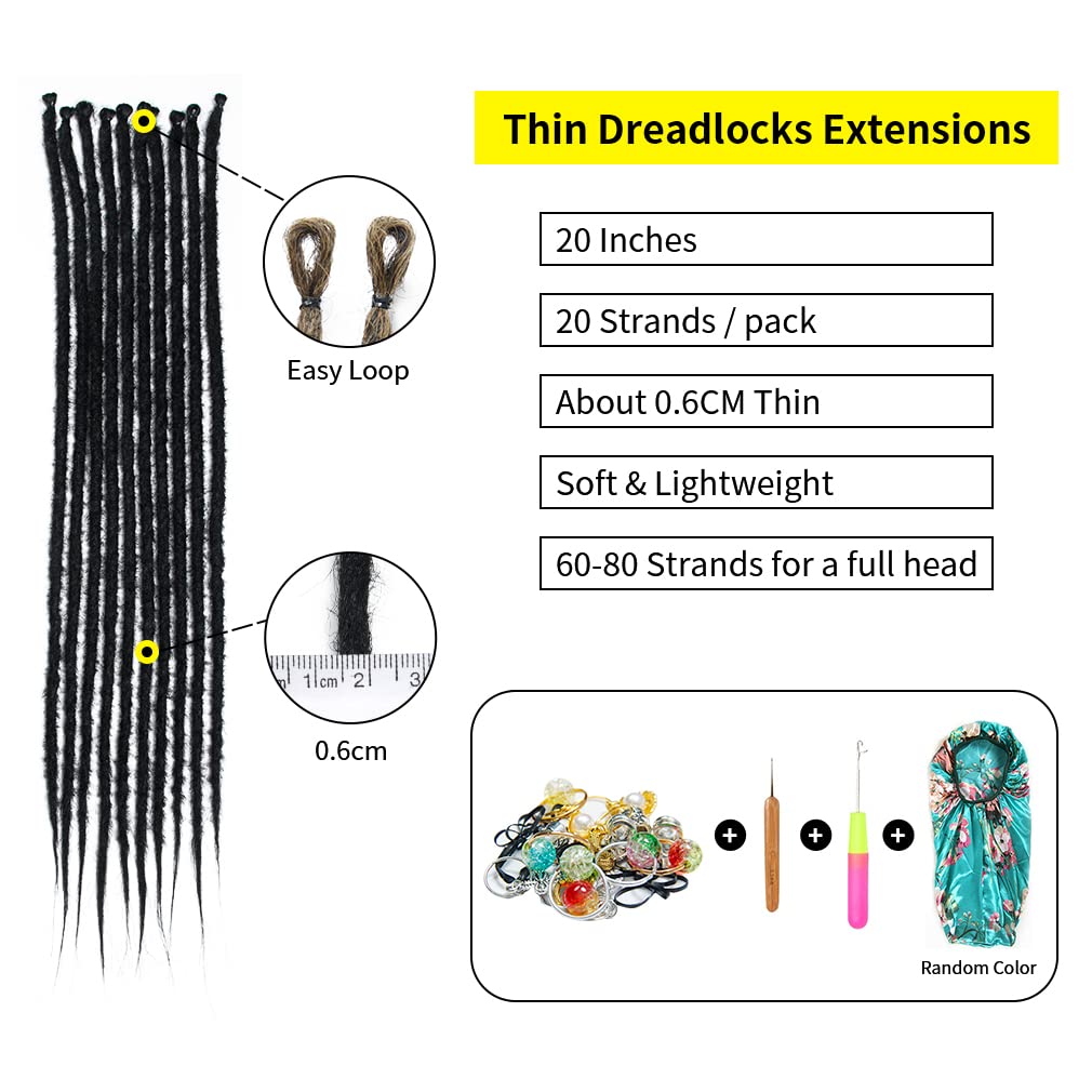 20 Inch Thin 0.6cm Dreadlock Extensions Soft Handmade Synthetic Dreads SE Black Braids Dreads Locs Extension 20 Strands/Pack