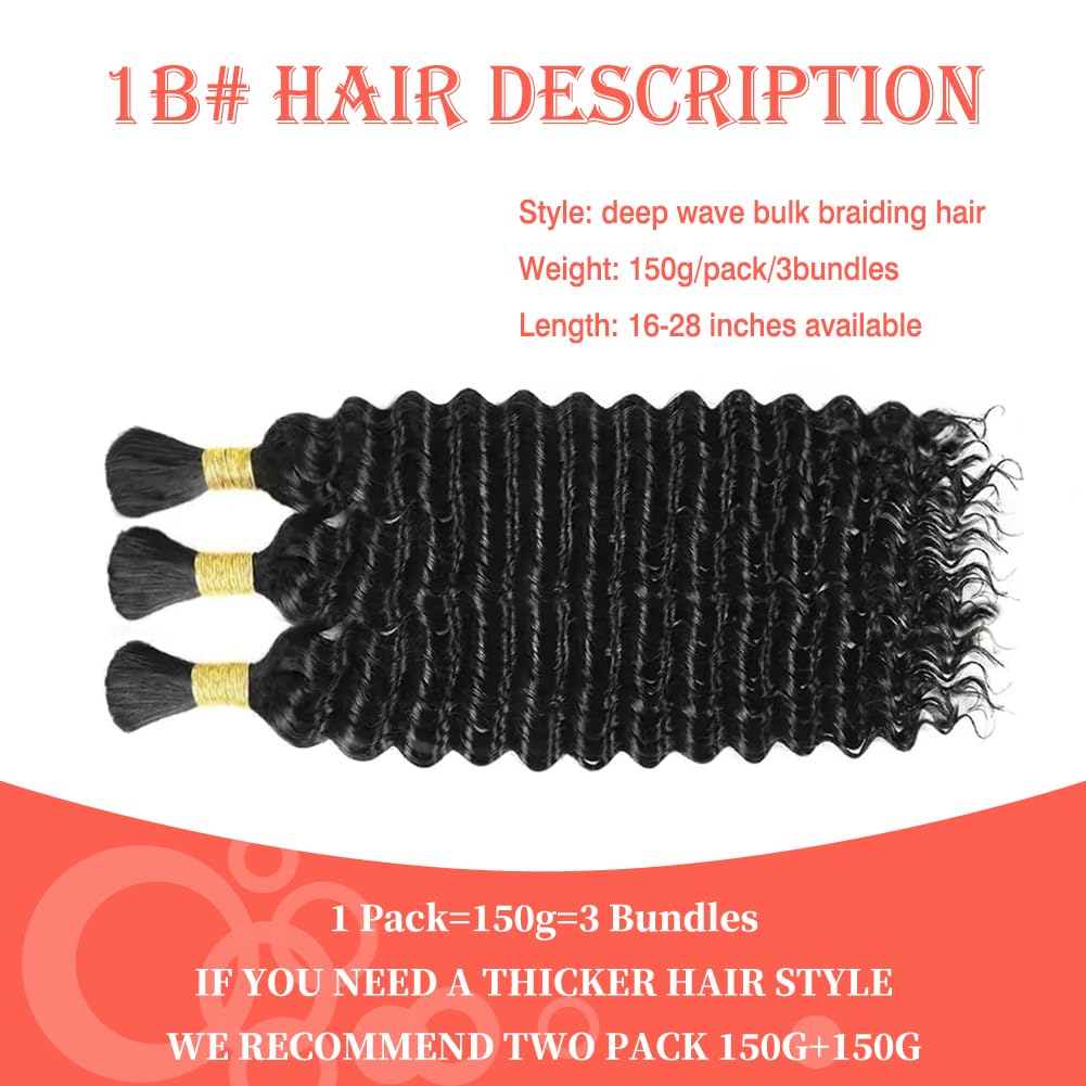 Human Braiding Hair for Boho Braids Human Hair 20 Inch 150g Deep Wave Bulk for Braiding No Weft 12A Wet and Wavy 3 Bundles Human Hair for Boho Knotless Braids