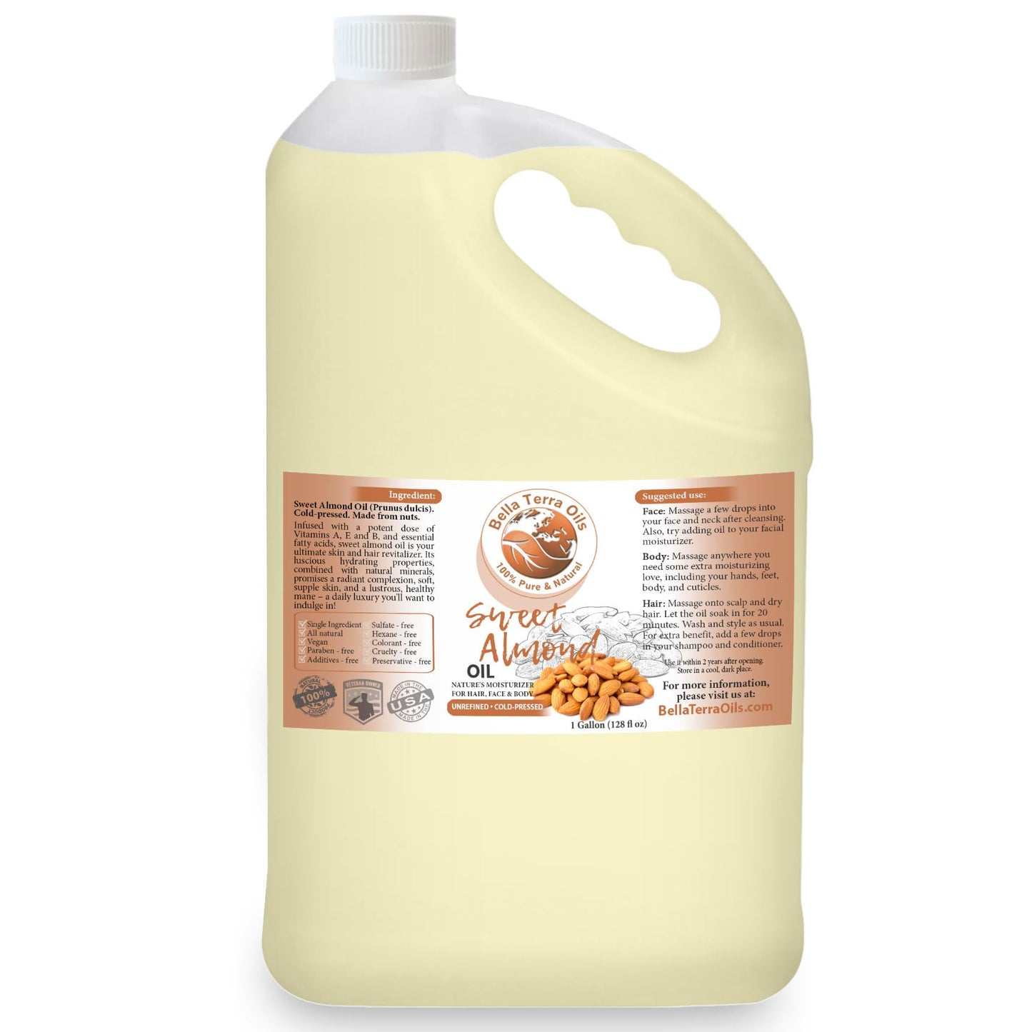 Bella Terra Oils Sweet Almond Oil for Hair and Skin – 1gallon, Rich in Vitamins, Non-Greasy, Hydrating, Nourishing, Gentle
