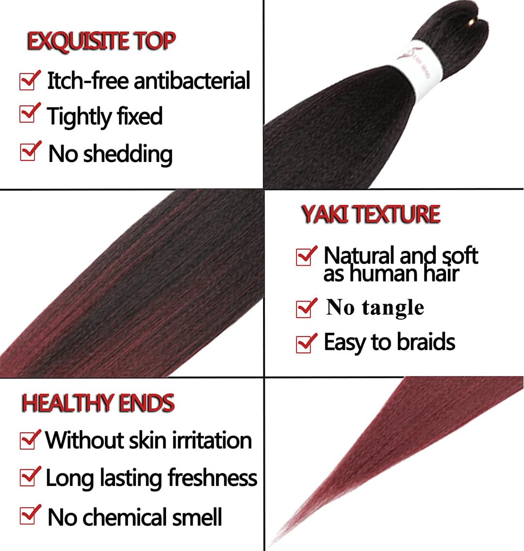Pre-Stretched Braiding Hair Extension Ombre Black to Burgundy Professional Crochet Braiding Hair 26 Inch 8 Packs Hot Water Setting Perm Yaki Synthetic Hair For Twist Braids (26inch,#1B/Bug)