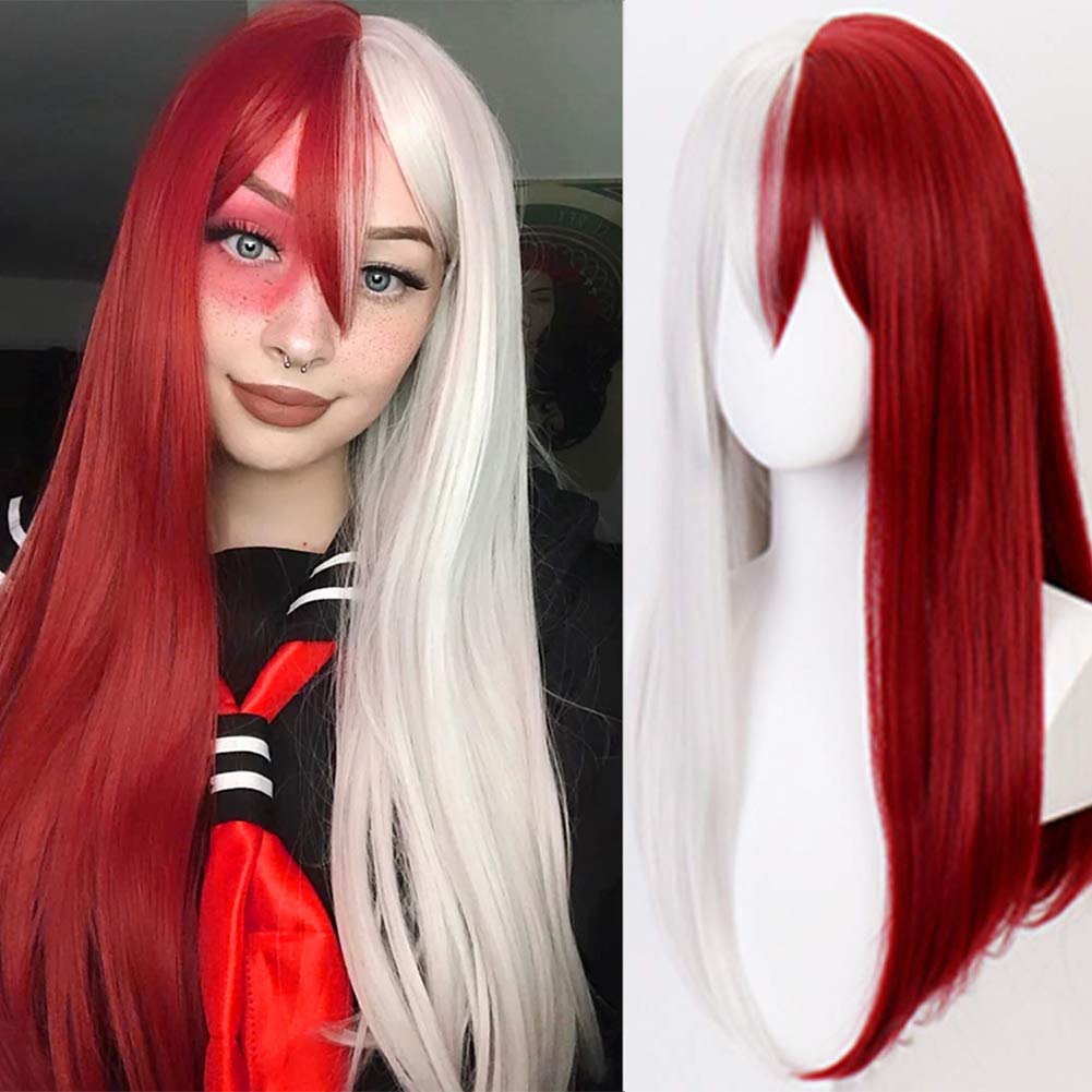 Kaneles Half White Half Red Long Straight Anime Cosplay Wig for Women Red White Synthetic Halloween Hair Wig