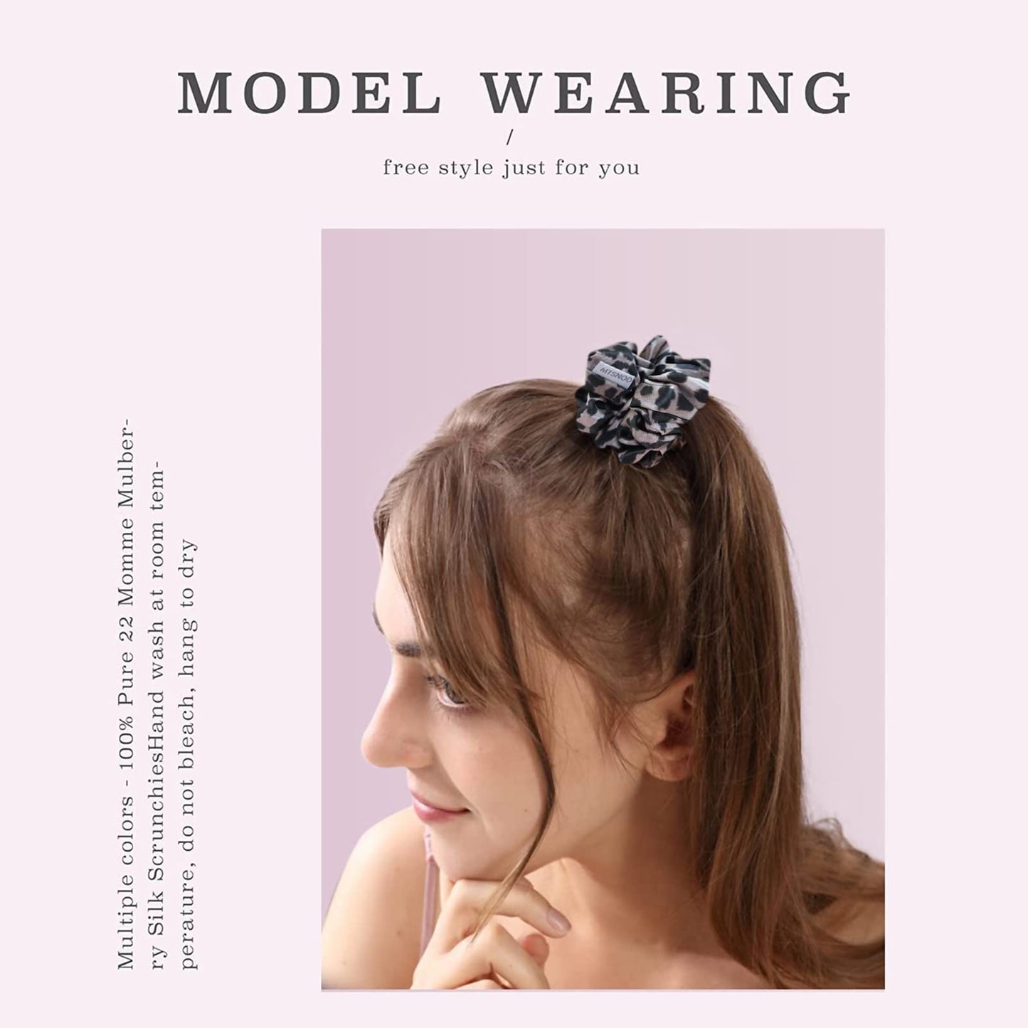 MTSNOO Silk Scrunchie for Hair Sleep, 100% Pure 22 Momme Mulberry Silk Scrunchies for Curly Hair with Elastic Band, 1 Pack, Black Leopard for Women & Girls