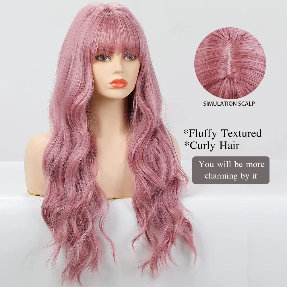 Esmee 26 Inches Long Pink Wig with Bangs Natural Synthetic Hair Wavy Wigs for Women Daily Party Cosplay Wear