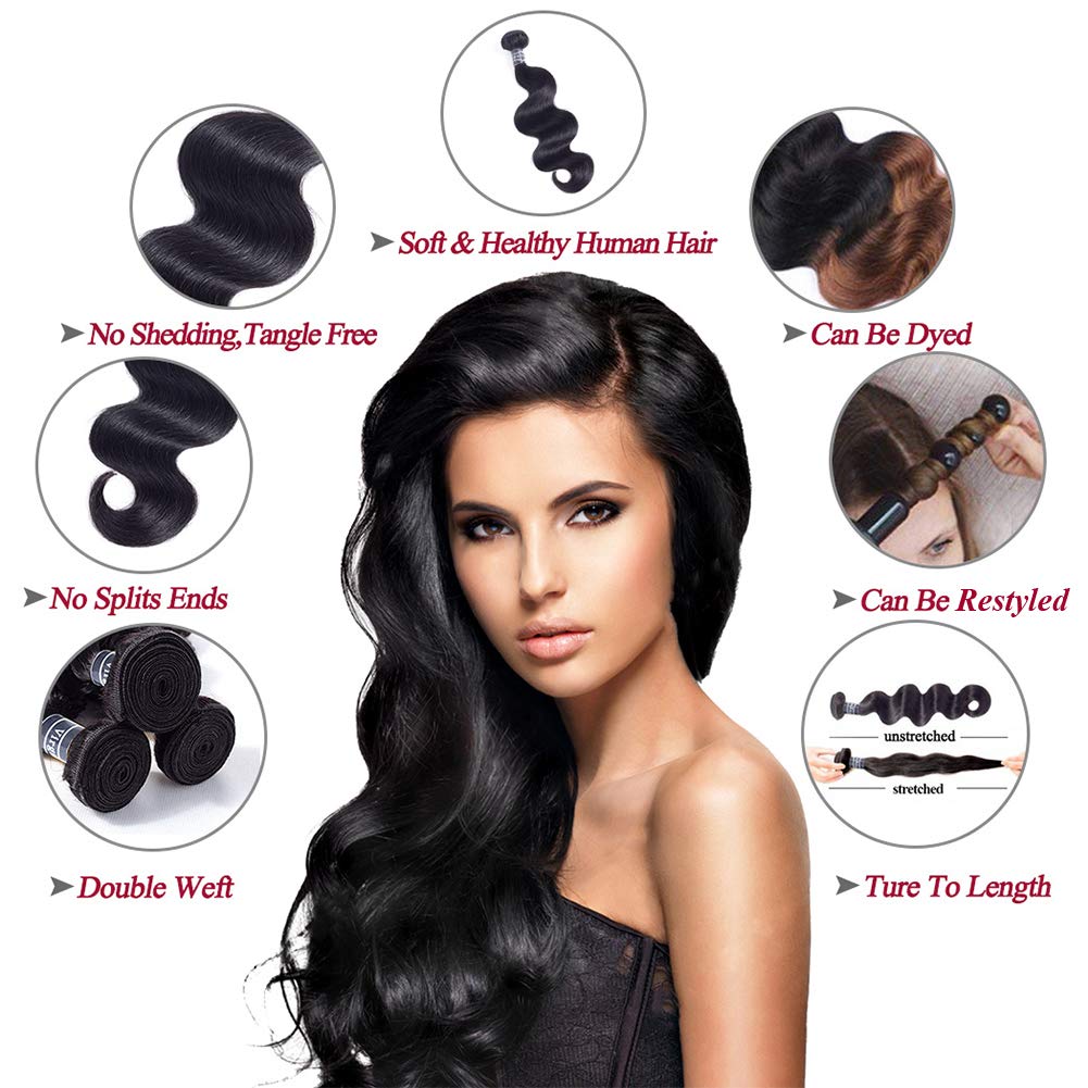 Amella Hair 8A Brazilian Human Hair Body Wave Bundles with Closure (10-14+10, Free Part) - 100% Unprocessed Brazilian Body Wave Hair Bundles with 4x4 Swiss Lace Closure