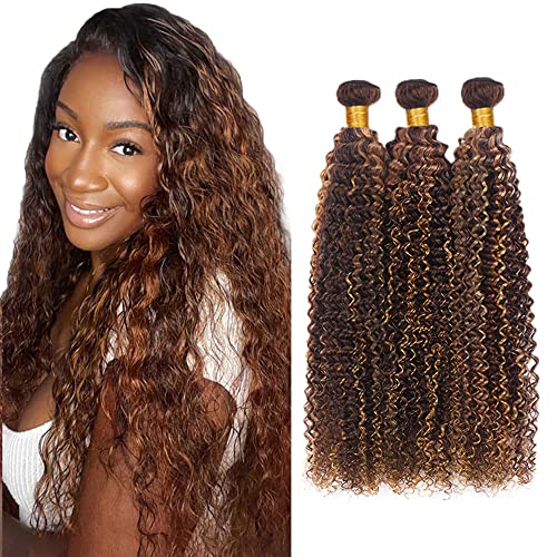 Honey Blonde Bundles P4/30 Kinky Curly Human Hair - 8A Grade Brazilian Unprocessed Virgin Hair, 3 Bundles - 10, 12, 14 Inch Light Brown Curly Remy Human Hair Extensions