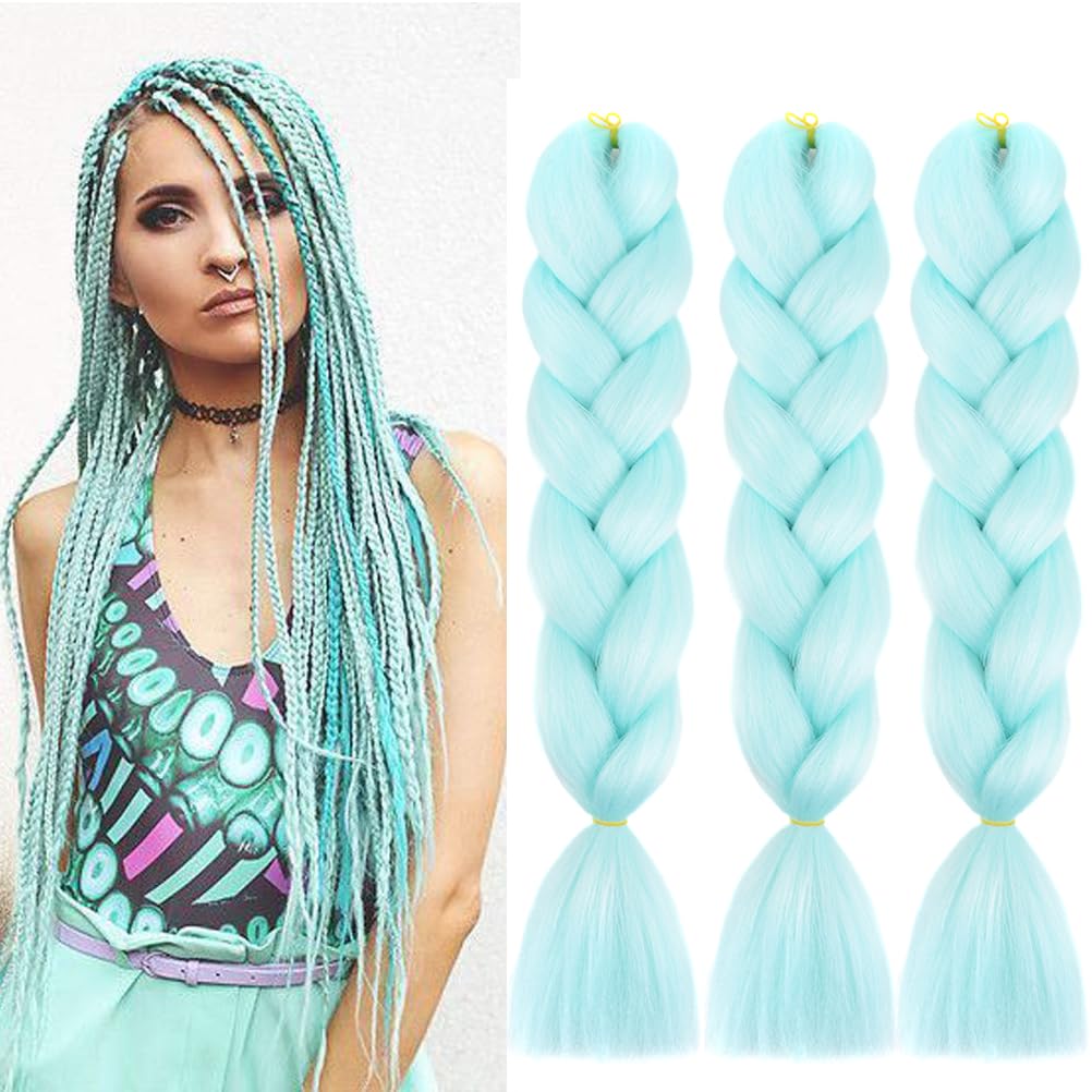 Xiaofeng Colorful Ombre Braiding Hair Extensions 24 Inch 3 Packs High Temperature Jumbo Crochet Braiding Hair for Box Twist Braids (24 Inch (Pack of 3), Light green)