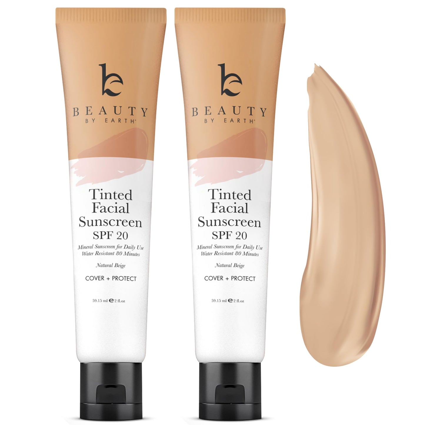 Tinted Sunscreen for Face - SPF 20 With Natural & Organic Ingredients Broad Spectrum Sunblock Lotion, Tinted Moisturizer Zinc Oxide Sunscreen Face for Skincare, Facial Sunscreen (Light Beige 2pk)