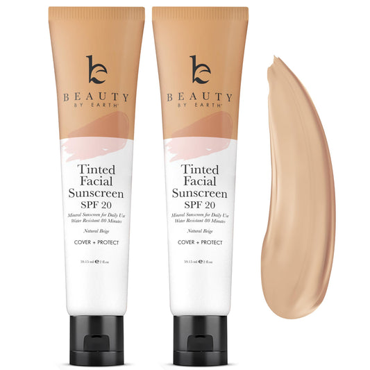 Tinted Sunscreen for Face - SPF 20 With Natural & Organic Ingredients Broad Spectrum Sunblock Lotion, Tinted Moisturizer Zinc Oxide Sunscreen Face for Skincare, Facial Sunscreen (Light Beige 2pk)