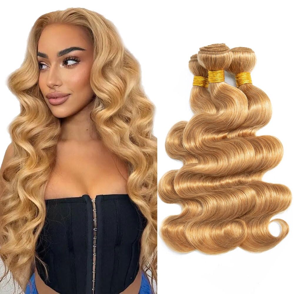 27 Human Hair Bundles Honey Blonde Body Wave Bundles Human Hair 8A Grade Brazilian Brazilian Virgin Hair 3 Bundles 10 12 14 Inch Color 27 Body Wave Human Hair Bundles