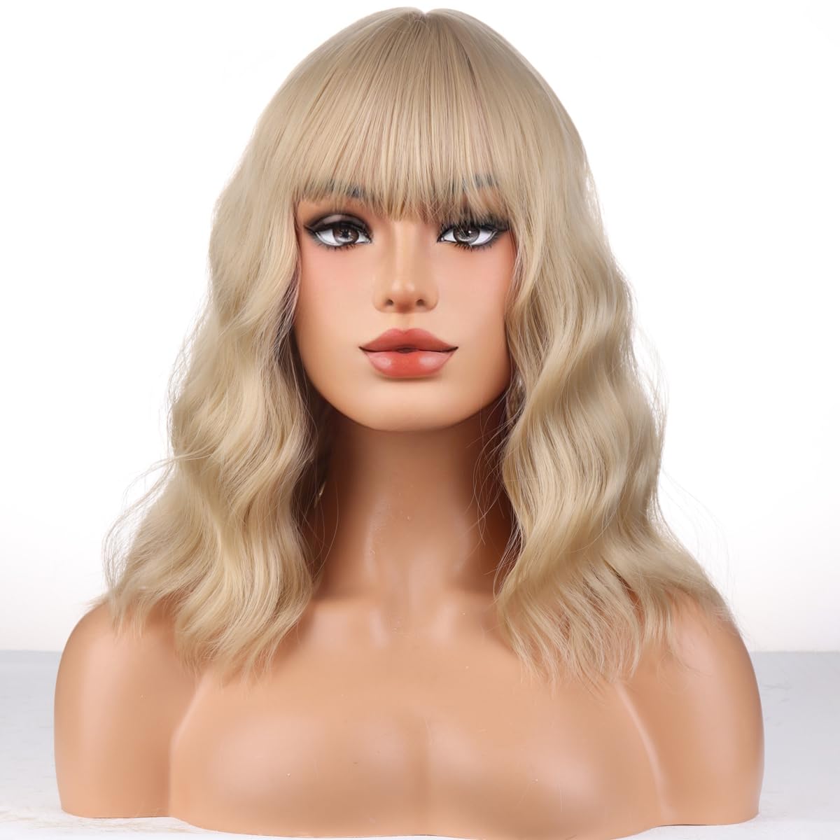 WTHCOS Blonde Wig For Women Short Curly Wavy Blonde Wig with Bangs Ash Blonde Bob Synthetic Wigs with Wig Cap (Ash Blonde)