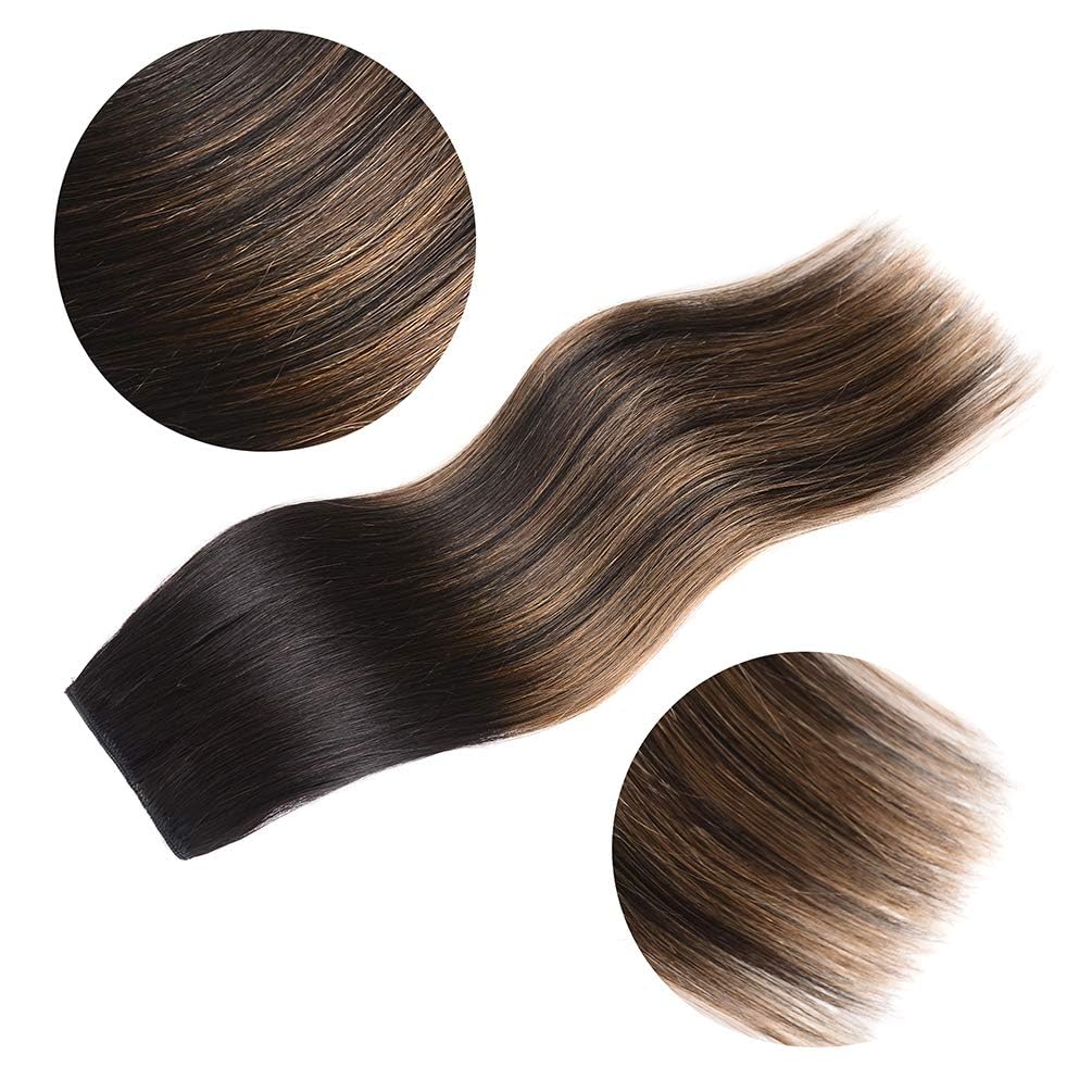 5 Pieces 14" Remy Clip in Hair Extensions Human Hair Natural Black to Chestnut Brown Highlight Black Ombre - Silky Straight Short Thick Real Hair Extensions for Women (14 inches, #(1BT6) P1B, 70grams)