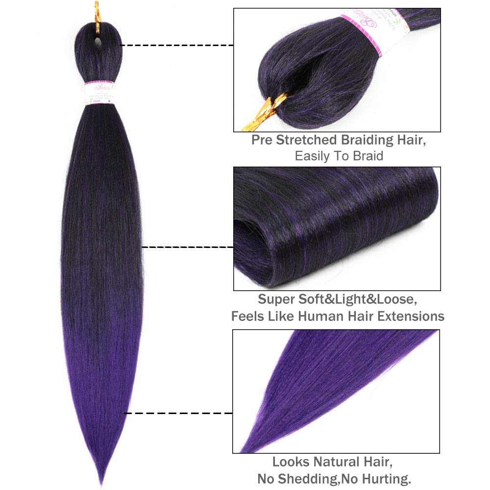 8 Packs Braiding Hair Pre Stretched 24inch Prestretched Crochet Hair Two Tone Black/Purple Pre stretched Synthetic Hair For Human 3X Braids Yaki Straight, Itch Free For Women(24”,Tpurple)