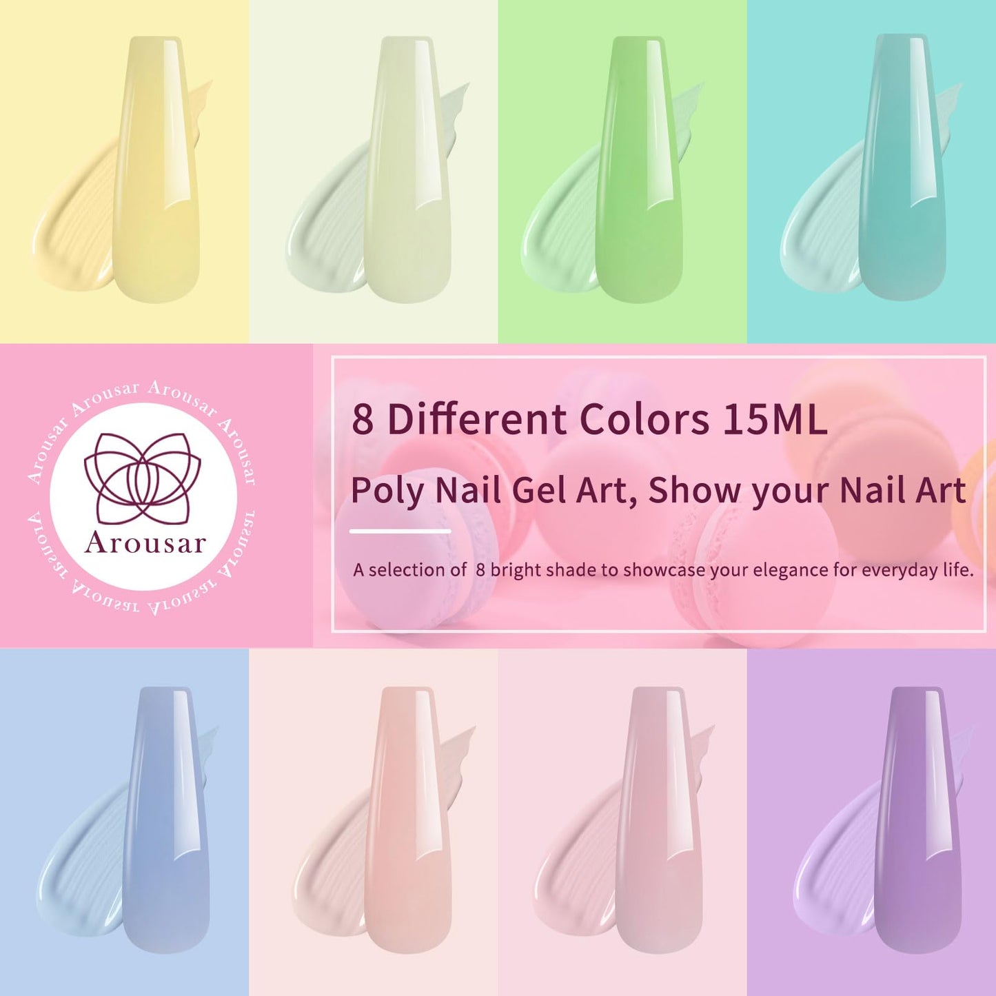 Arousar Poly Nail Gel Set, 8 Colors Pink Green Yellow Purple Nail Extension Gel for Beginners Professional Nails Art Thanksgiving Day & Halloween DIY Design Nail Art Salon at Home
