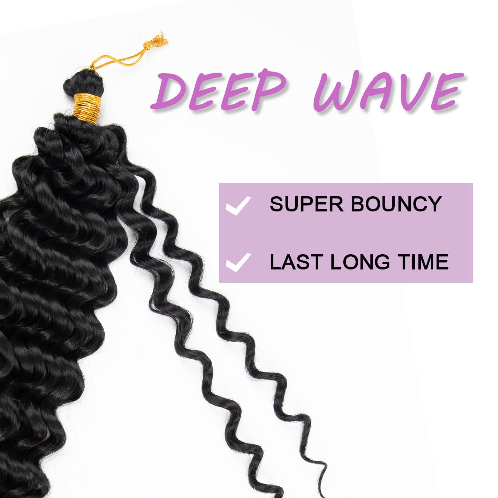 Deep Wave Crochet Hair 16 Inch 2 packs Long Curly Braiding Hair Extensions Ocean Wave Crochet Hair For Black Women Synthetic Ocean Wave Curly Crochet Hair For Boho Box Braids (1B, 16inch, 2pack)
