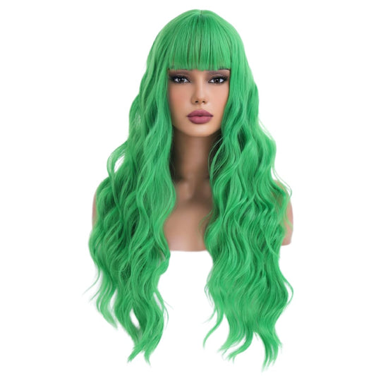WTHCOS Light Green Long Curly Wavy Hair Wig for Women With Bangs Tender Green Wig Heat Resistant Synthetic Hair Wigs for Daily Use Cosplay Wig With Wig Cap