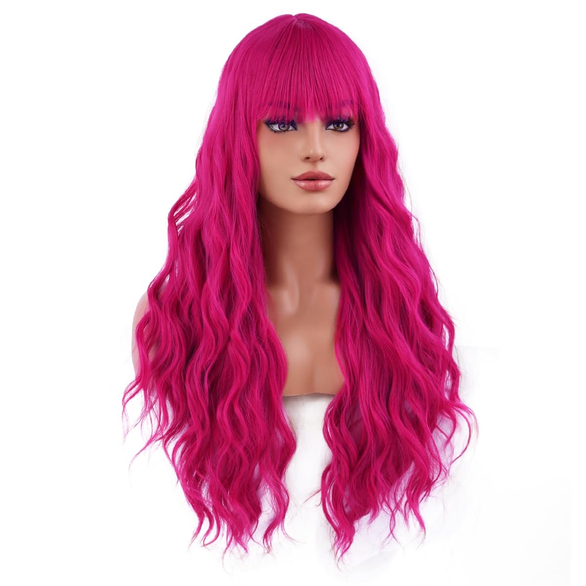 MAGQOO Hot Pink Wig Magenta Wig with Bangs Long Curly Wavy Neon Pink Hair Wigs for Women Girls Wig Cap Included
