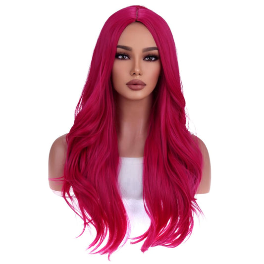 WTHCOS Hot Pink Wigs for Women Girls Middle Part Wig Long Pink Wig Heat Resistant Synthetic Curly Wavy Wigs for Cosplay Costume Party