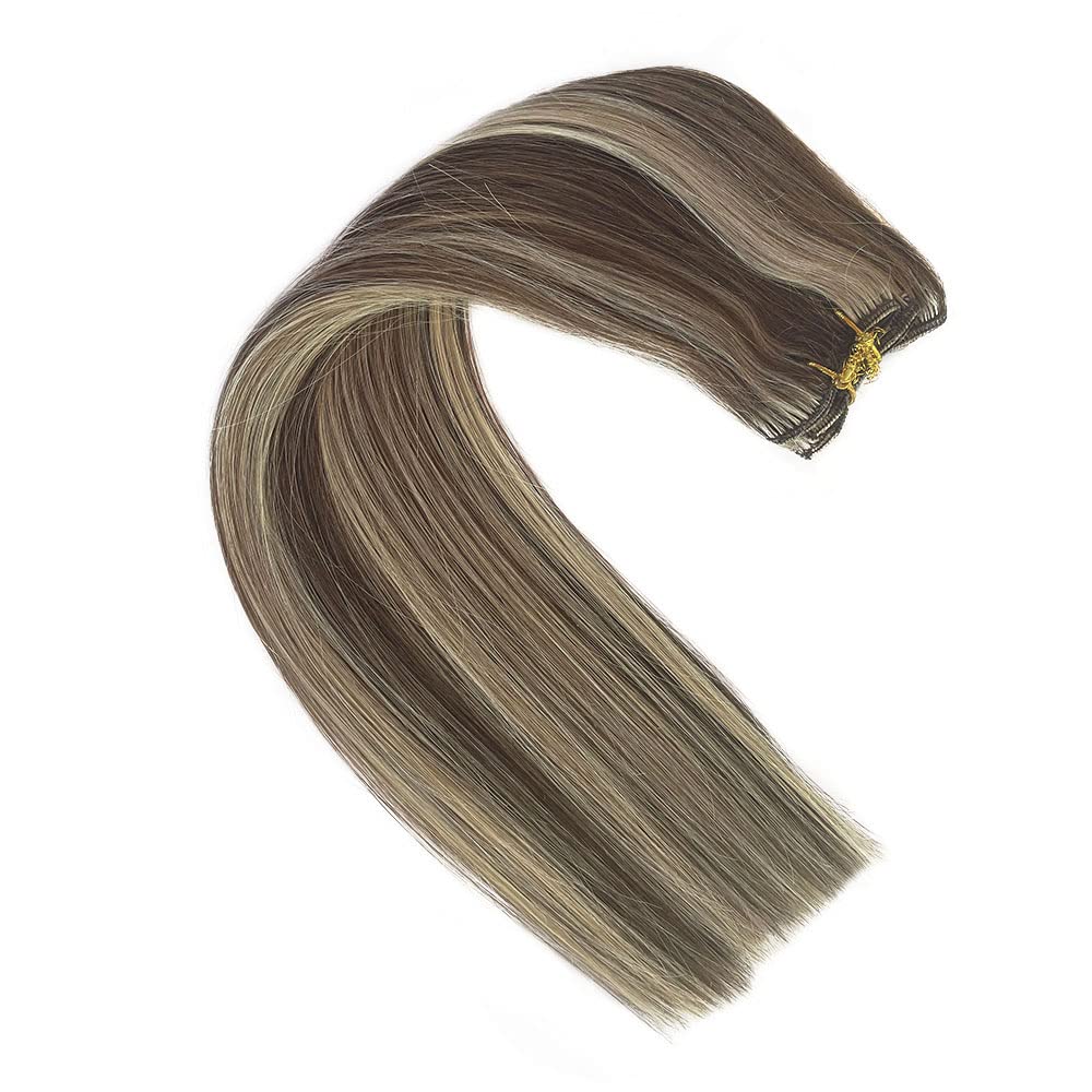Valiilo Balayage Human Hair Extensions Clip in Remy Human Hair Brown Fading to Dirty Blonde Highlight Real Remy Hair Extensions Clip on Extensions 12inch for White Women 7pcs 70g, 2.4692 Ounce