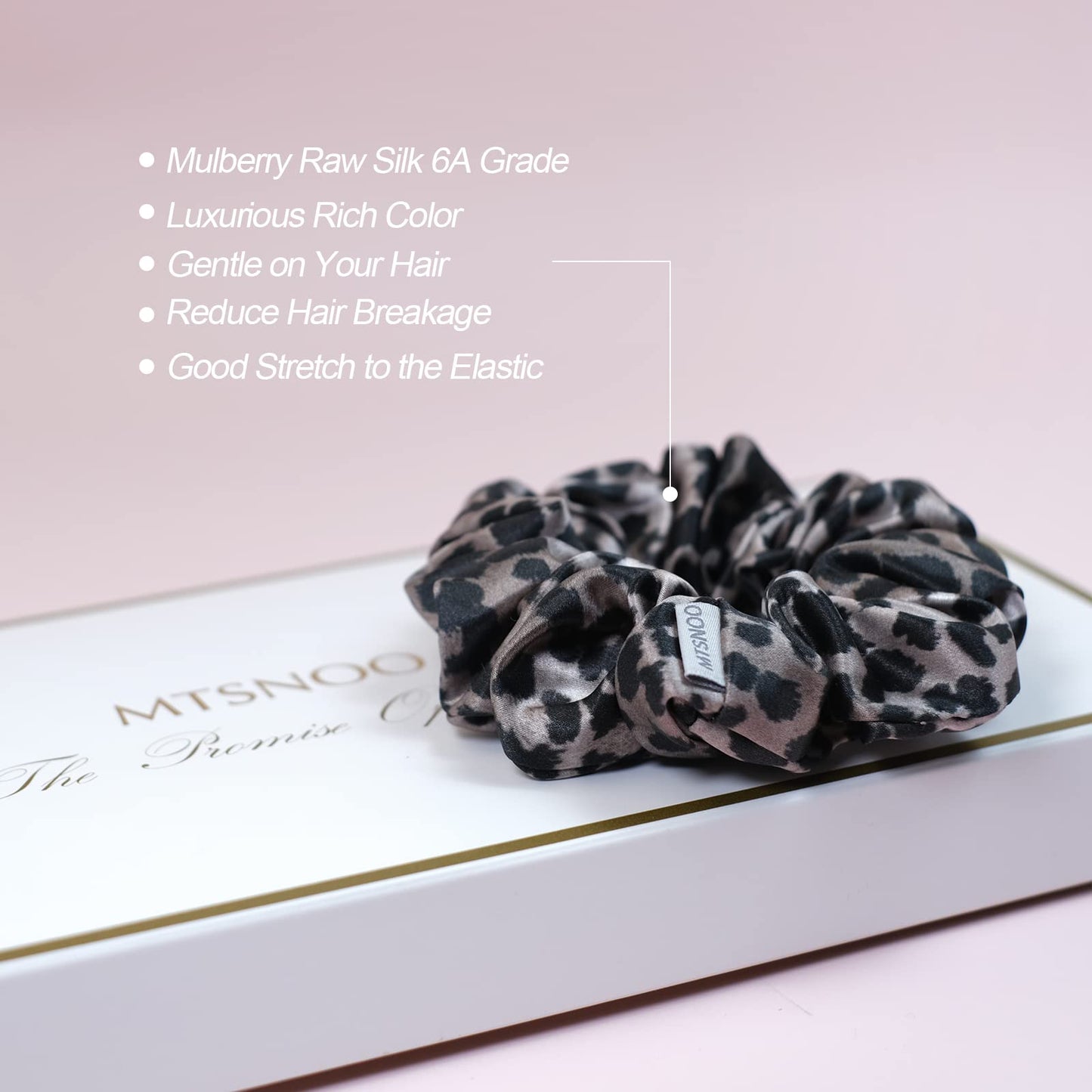 MTSNOO Silk Scrunchie for Hair Sleep, 100% Pure 22 Momme Mulberry Silk Scrunchies for Curly Hair with Elastic Band, 1 Pack, Black Leopard for Women & Girls