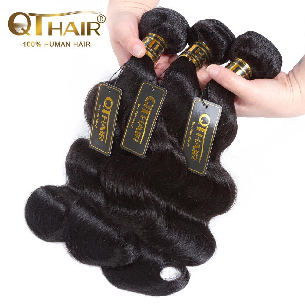 QTHAIR Brazilian Body Wave Human Hair Bundles (24" 26" 28", 16A,Natural Black) 100% Unprocessed Brazilian Virgin Hair Body Wave Human Hair Weave for Black Women