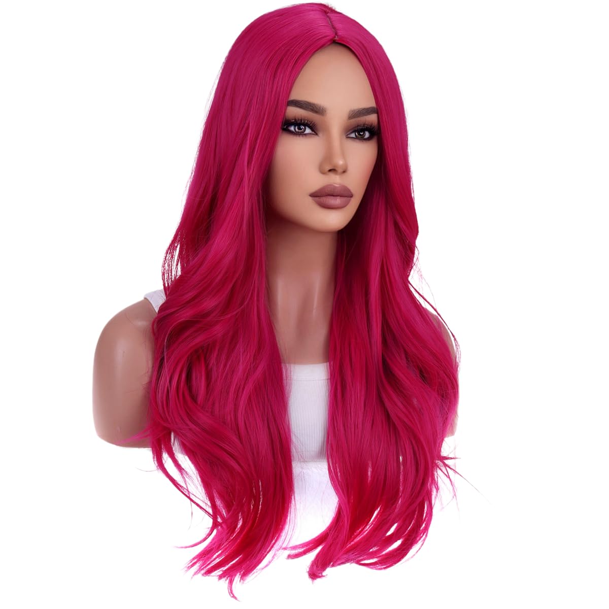 WTHCOS Hot Pink Wigs for Women Girls Middle Part Wig Long Pink Wig Heat Resistant Synthetic Curly Wavy Wigs for Cosplay Costume Party