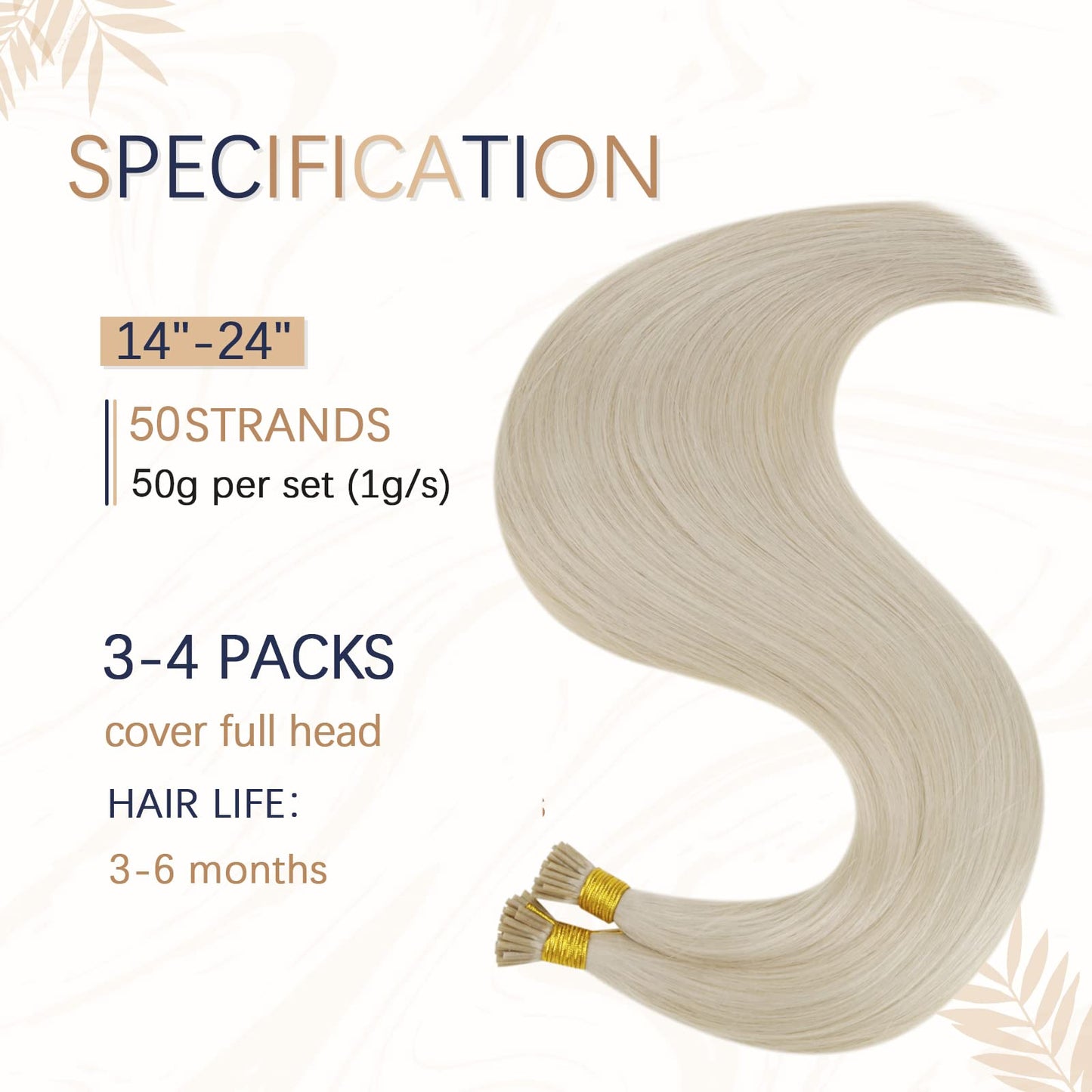 RUNATURE I Tip Hair Extensions Human Hair,Cold Fusion Extensions I Tip,Invisible Remy Hair Extensions,#800 White Blonde 14Inch 50G 100s