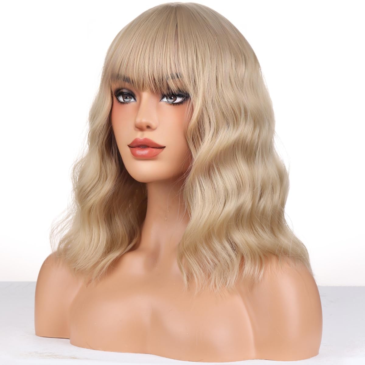 WTHCOS Blonde Wig For Women Short Curly Wavy Blonde Wig with Bangs Ash Blonde Bob Synthetic Wigs with Wig Cap (Ash Blonde)