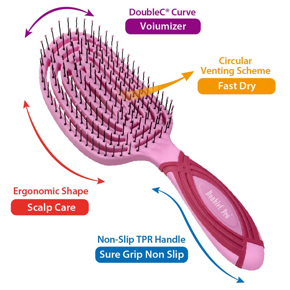 NuWay 4HAIR DoubleC PRO U.S. Patented Double Curved Detangling Brush is Hair Dryer Safe (Red Violet)