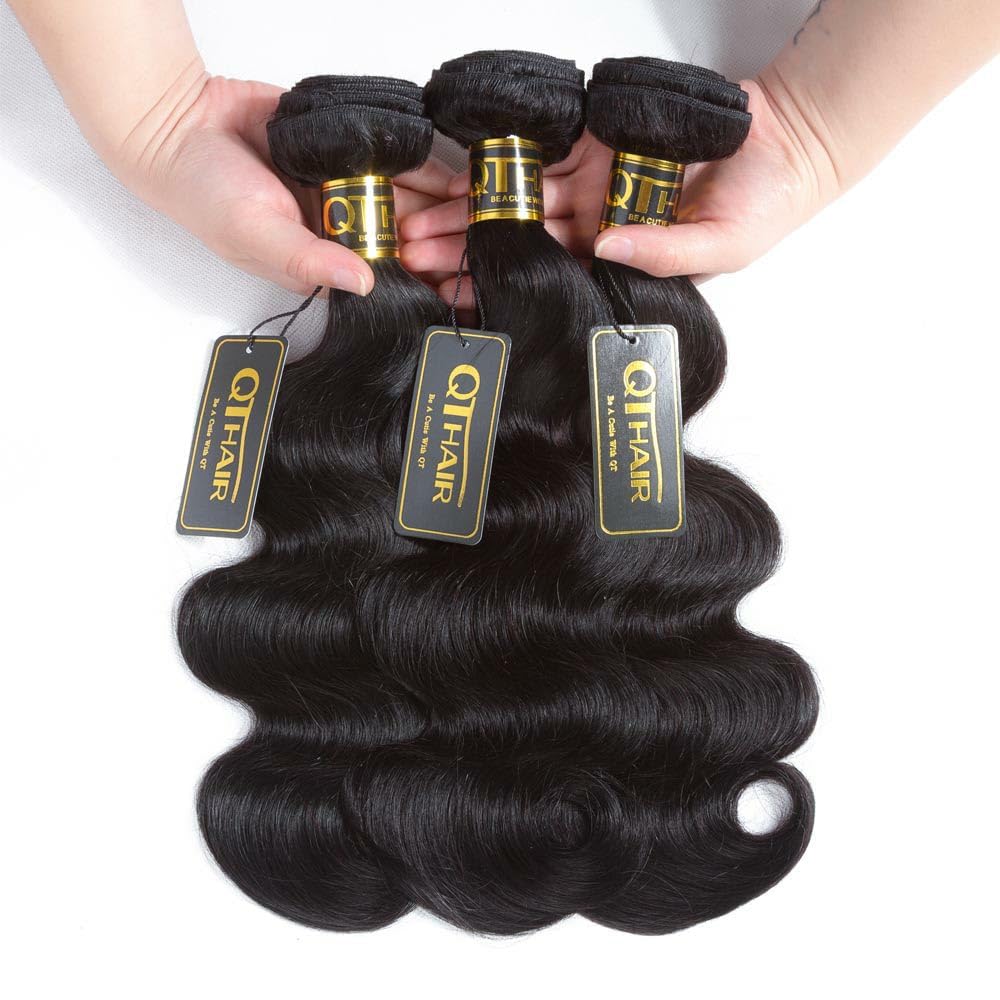 QTHAIR Brazilian Body Wave Human Hair Bundles (24" 26" 28", 16A,Natural Black) 100% Unprocessed Brazilian Virgin Hair Body Wave Human Hair Weave for Black Women