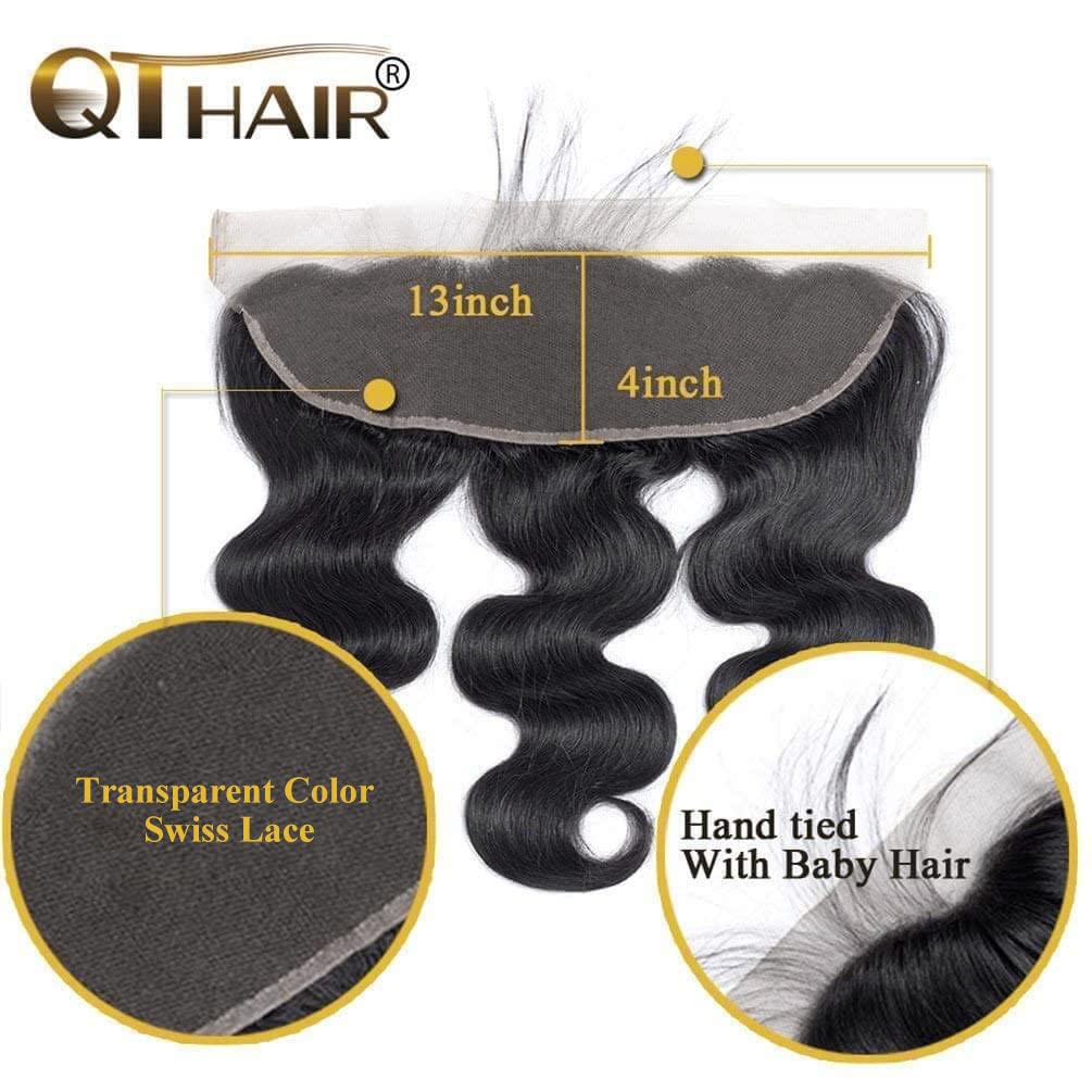 QTHAIR 12A Grade Body Wave Bundles with Frontal Human Hair Bundles with Lace Frontal Body Wave Hair Brazilian Virgin Hair Ear To Ear Frontal with Body Wave Bundles (12 14 14+10 frontal, Natural Color)