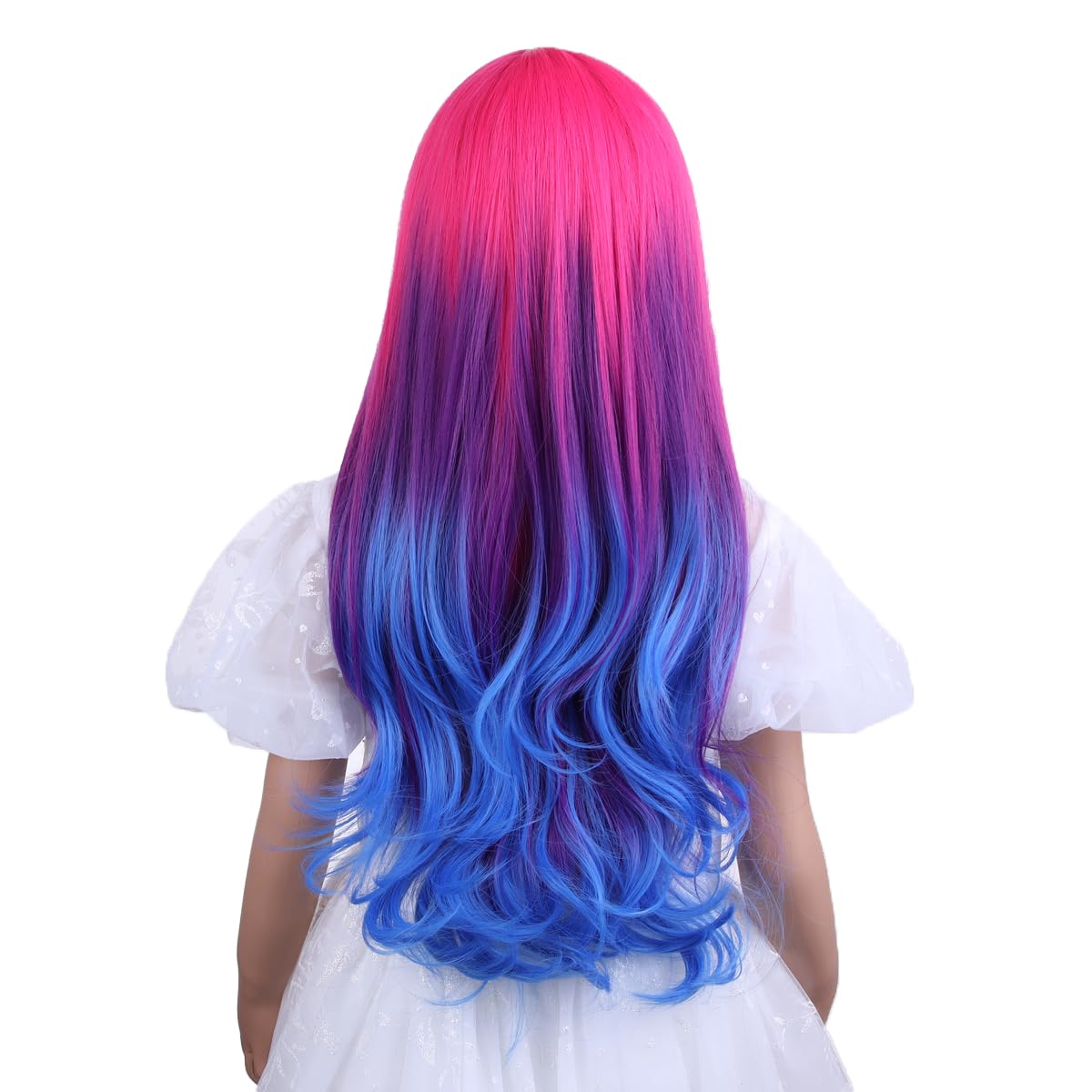 PATTNIUM Rose Ombre Blue Wig for Kids Child Hot Pink to Blue Wig Long Wavy Curly Ombre Blue Wig Heat Resistant Synthetic Hair Wigs