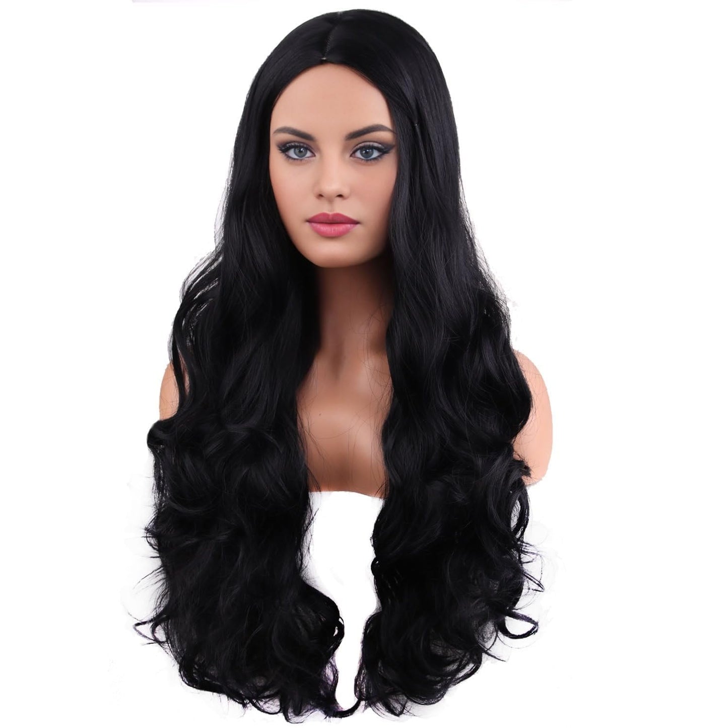 RightOn Black Wig Long Wavy Black Wigs for Women Daily Party Hairnet Include