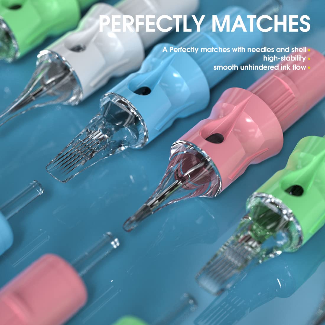 Dragonhawk Tattoo Needles Cartridges, 1005RLT Round Liner Tight Long Taper, 50 Count Needles Kit, Membrane Transparent for Pro Aritsts