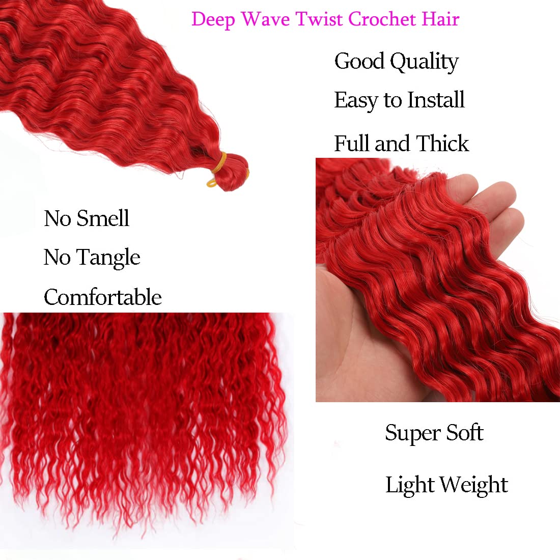 24 inch Ocean Wave Crochet Hair Deep Wave Twist Crochet Hair Extensions Curly Braiding Hair 3 packs Long Wavy Water Wave Braids For Women Synthetic Crochet Braid Hair (24 inch, Pink)
