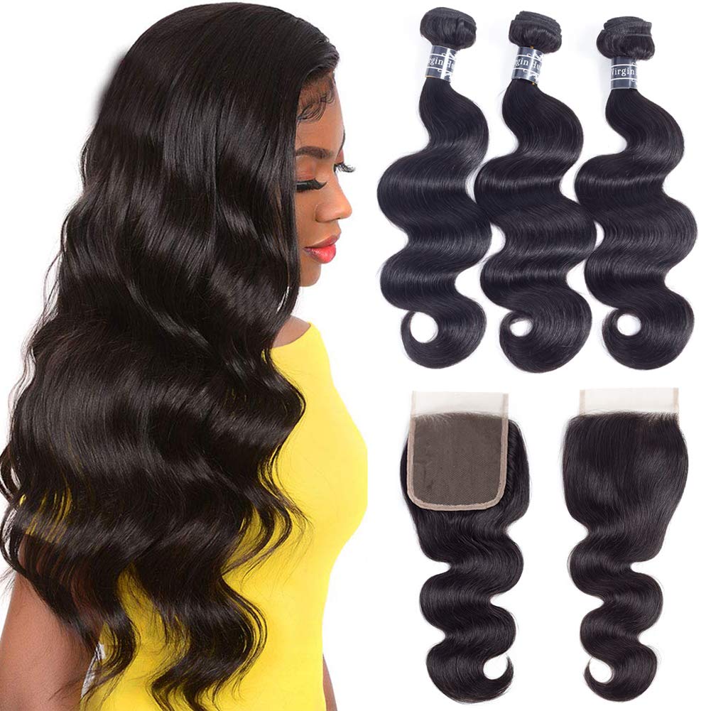 Amella Hair 8A Brazilian Human Hair Body Wave Bundles with Closure (10-14+10, Free Part) - 100% Unprocessed Brazilian Body Wave Hair Bundles with 4x4 Swiss Lace Closure