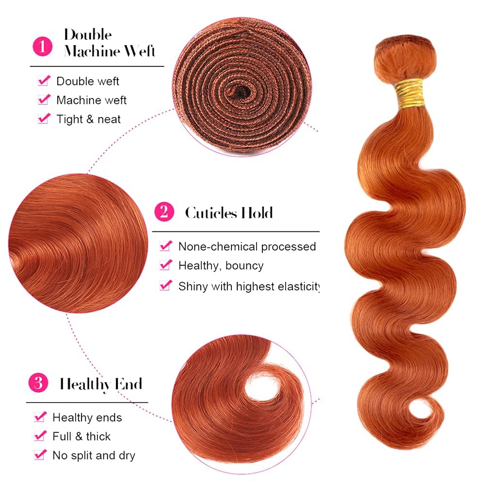 Ginger Orange Human Hair Bundles Color 350 Body Wave Hair Extenisons 16 16 16 Inch Grade 8A Brazilian Virgin Remy 3 Bundles Double Weft Soft Real Hair Weave