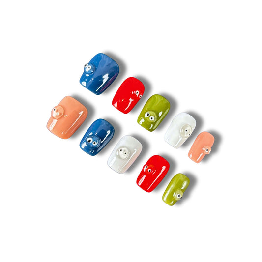 Wsliana Nails Handmade Press On Nails Square Shape,Short False Nail with Multicolor Design and Small Eye Decorations, 10pcs Glue On Acrylic Fake Nails with Storage Box | Cute and Stylish(024 S)