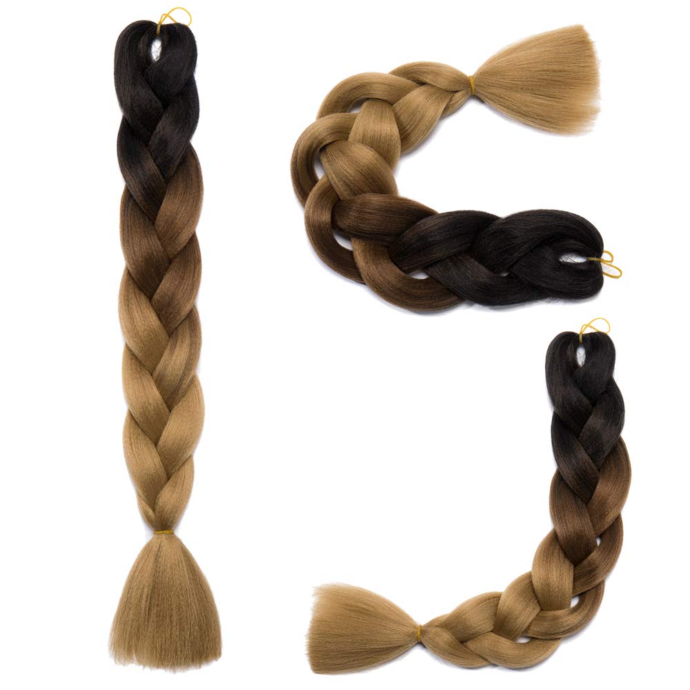 [3packs] 24” Ombre Jumbo Braiding Hair Extensions Multiple Tone Colorful Jumbo Box Braid Hair High Temperature Synthetic Twist Braiding Crochet Hair(24",black to light brown to ash blonde)