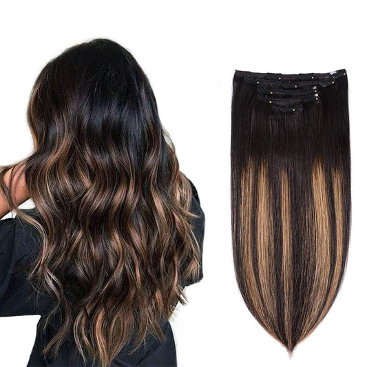 5 Pieces 14" Remy Clip in Hair Extensions Human Hair Natural Black to Chestnut Brown Highlight Black Ombre - Silky Straight Short Thick Real Hair Extensions for Women (14 inches, #(1BT6) P1B, 70grams)