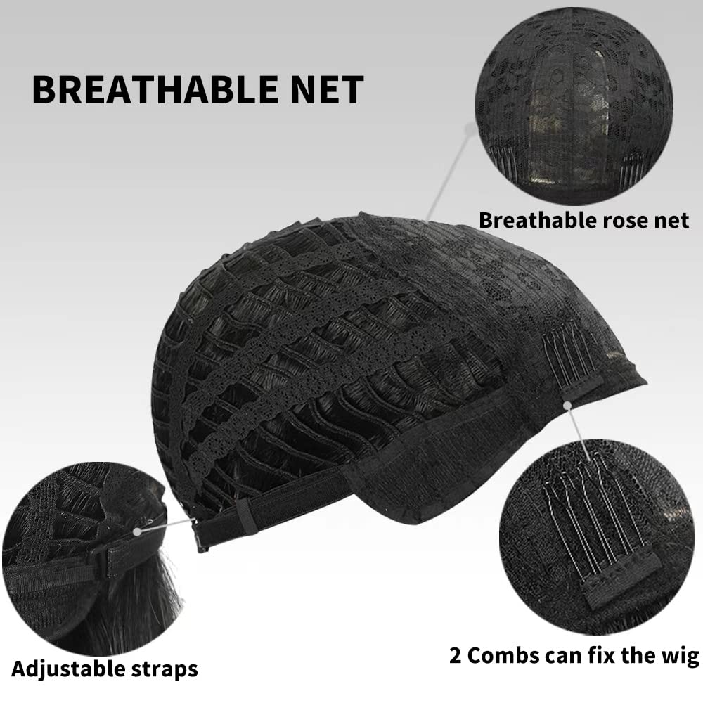 Amarlis Black Mixed Red Bob Wig with Bangs for Women, Natural Looking Heat Resistant Synthetic Wig 14 Inch Curly Bob Wig for Daily Party Use